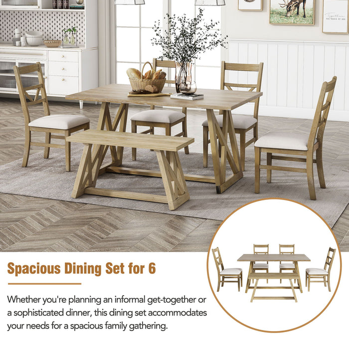 Topmax Farmhouse 6 Piece Dining Table Set With Cross Legs, Kitchen Set With 4 Upholstered Dining Chairs And Solid Wood Bench, Natural
