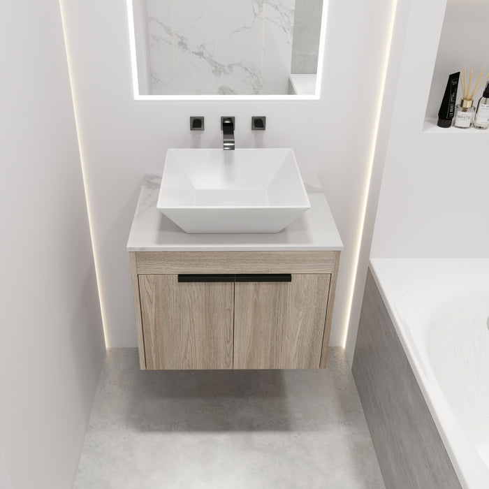 24" Modern Design Float Bathroom Vanity With Ceramic Basin Set, Wall Mounted White Oak Vanity With Soft Close Door, KD-Packing, KD-Packing, 2 Pieces Parcel, Top - Bab101Mowh