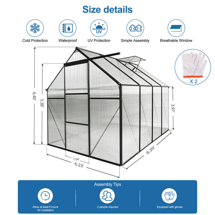 6X8 Ft Polycarbonate Greenhouse Raised Base And Anchor Aluminum Heavy Duty Walk-In-Greenhouses For Outdoor Backyard In All Season