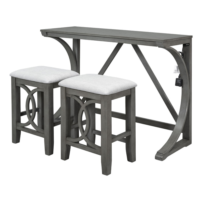 Topmax Farmhouse 3 Piece Counter Height Dining Table Set With USB Port And Upholstered Stools, Gray