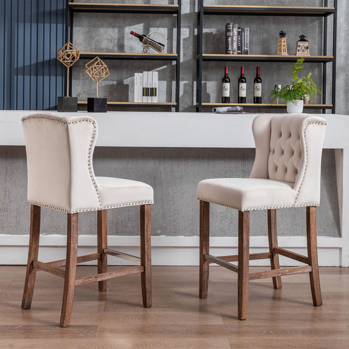 Counter Height Bar Stools, Upholstered 27" Seat Height Barstools, Wingback Breakfast Chairs With Nailhead - Trim & Tufted Back, Wood Legs, (Set of 2) (Beige)