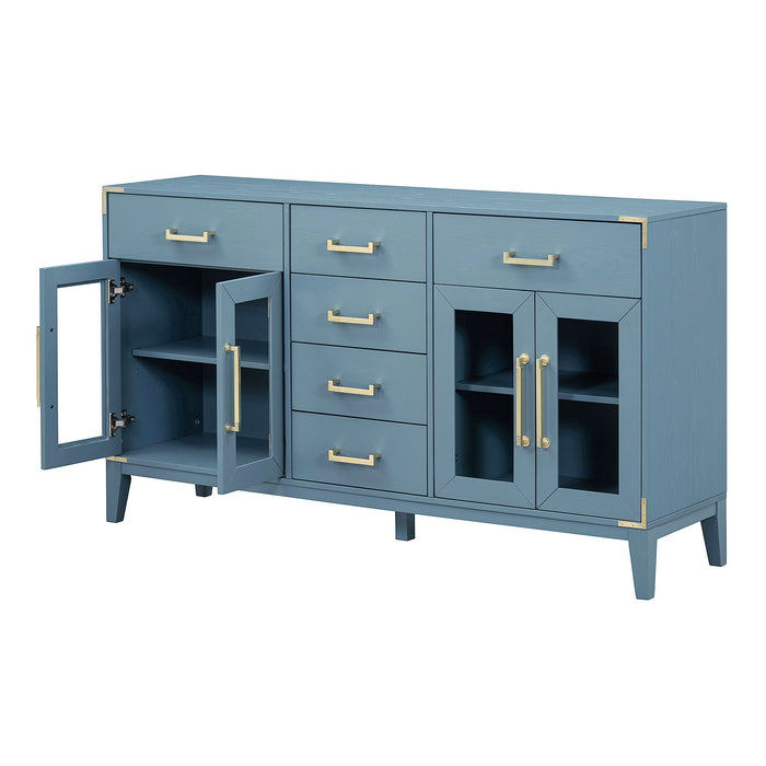 Trexm 6 Drawer And 2 - Cabinet Retro Sideboard With Extra Large Storage Space, With Gold Handles And Solid Wood Legs, For Kitchen And Living Room (Antique Blue)