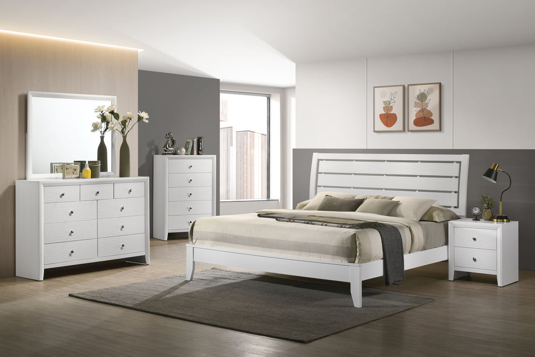 1 Piece King Size White Finish Panel Bed Geometric Design Frame Softly Curved Headboard Wooden Bedroom Furniture