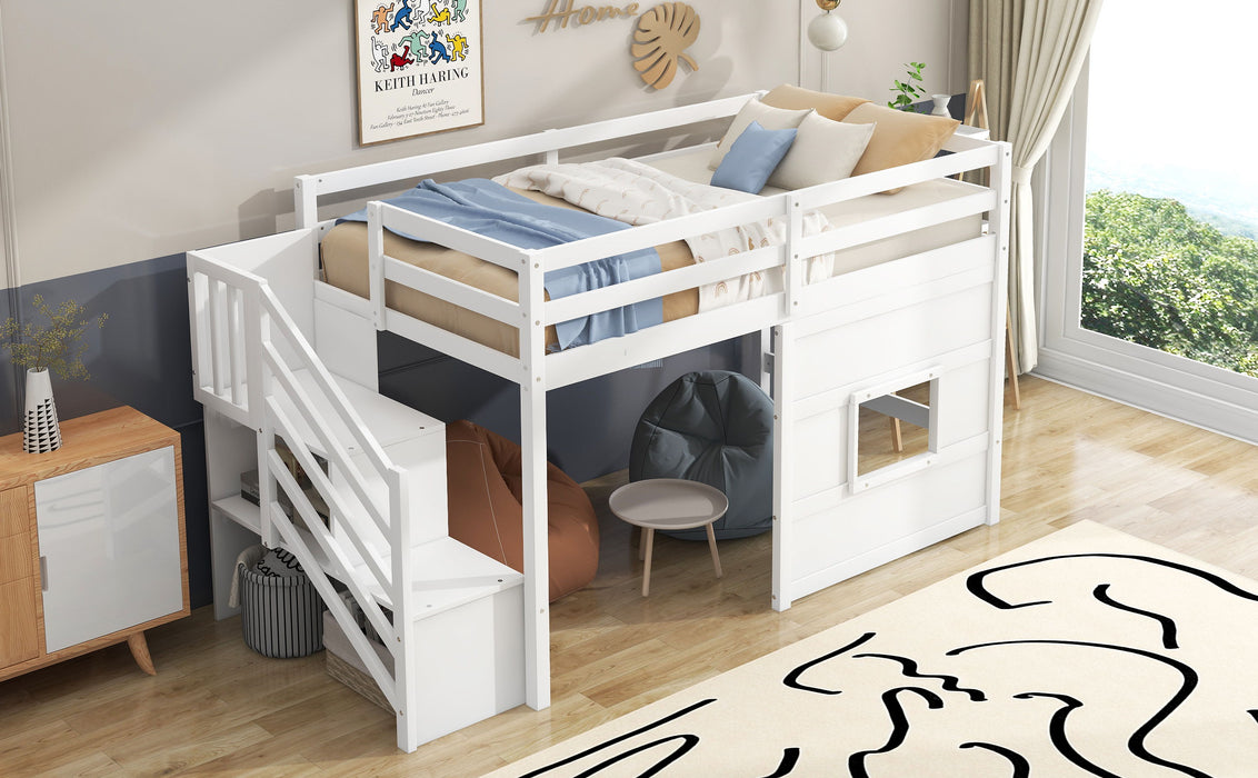 Twin Size Loft Bed With Storage Staircase And Window, White