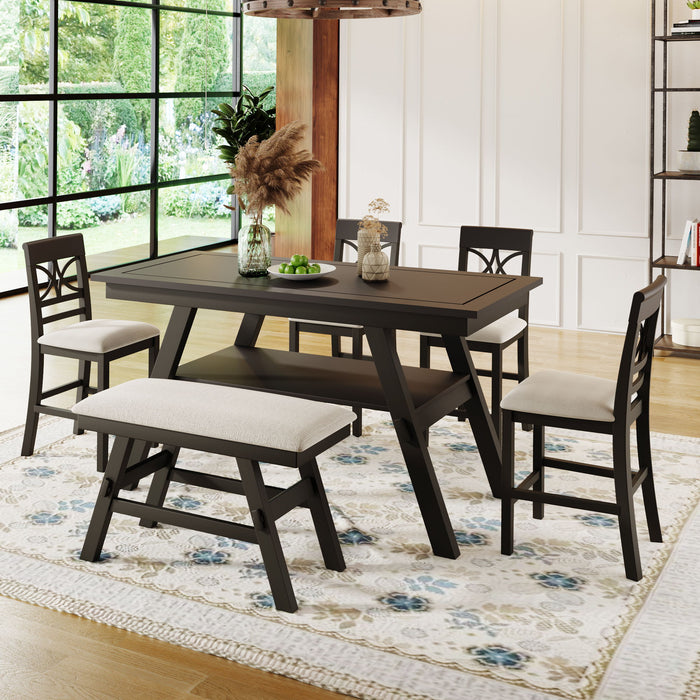 Topmax 6 Piece Wood Counter Height Dining Table Set With Storage Shelf, Kitchen Table Set With Bench And 4 Chairs, Rustic Style, Espresso / Beige Cushion