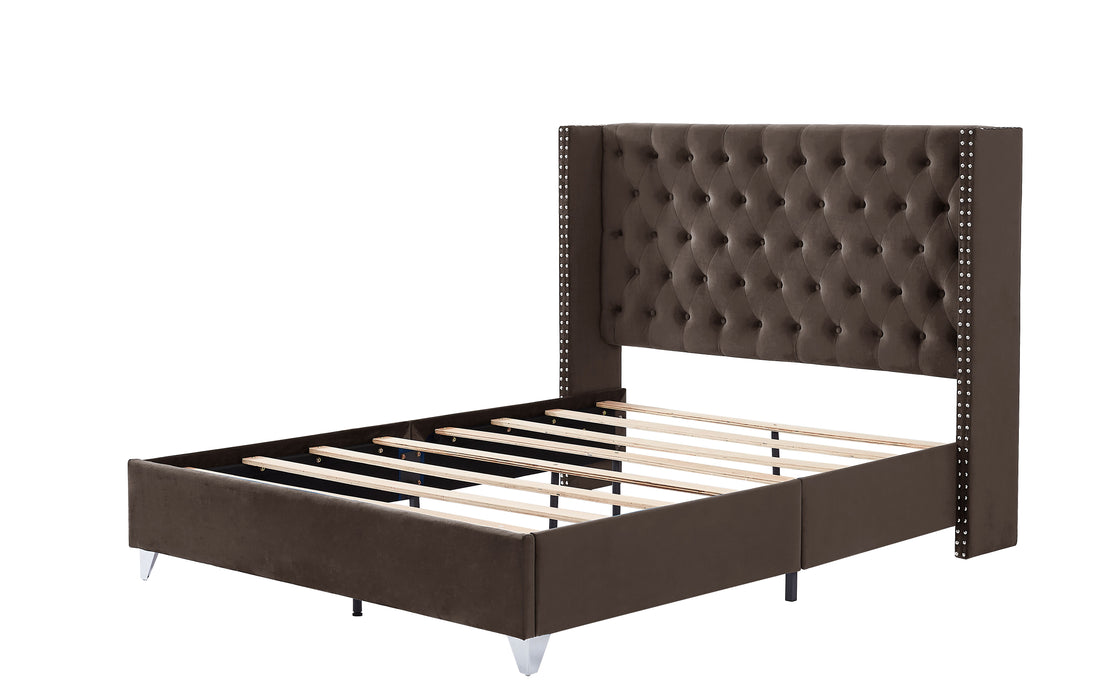 B100S Queen Bed, Button Designed Headboard, Strong Wooden Slats And Metal Legs With Electroplate - Brown