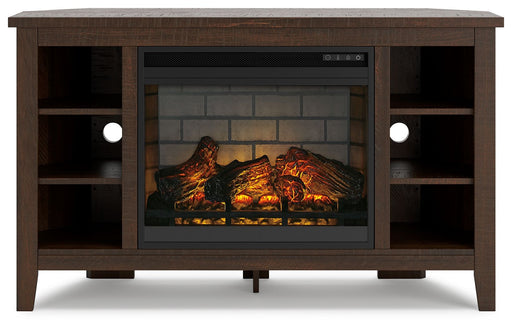 Camiburg - Warm Brown - Corner TV Stand With Faux Firebrick Fireplace Insert Unique Piece Furniture