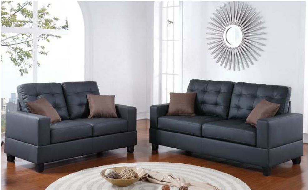Living Room Furniture 2 Pieces Sofa Set Black Faux Leather Tufted Sofa Loveseat Pillows Cushion Couch