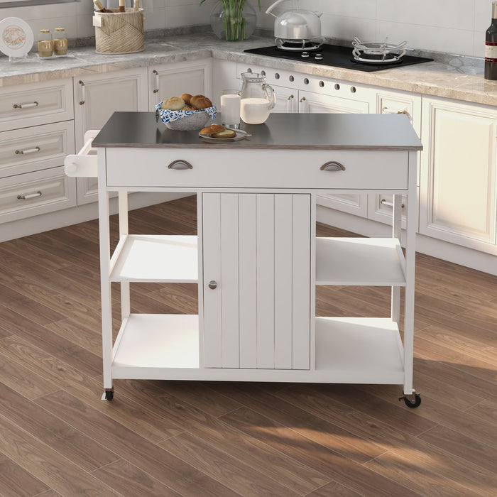 Kitchen Island With Adjustable Shelf And Towel Bar, Lockable Wheels - White