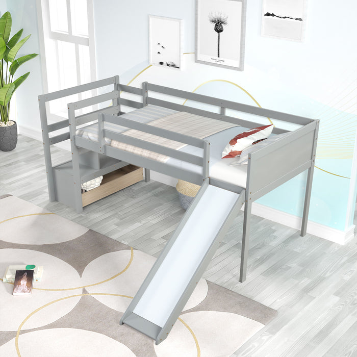 Twin Low Loft Bed With Stairs And Slide - Gray