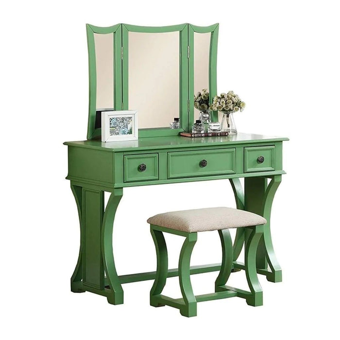 Unique Modern Bedroom Vanity Set Stool Foldable Mirror Drawers Apple Green Color MDF Veneer 1 Piece Vanity Furniture