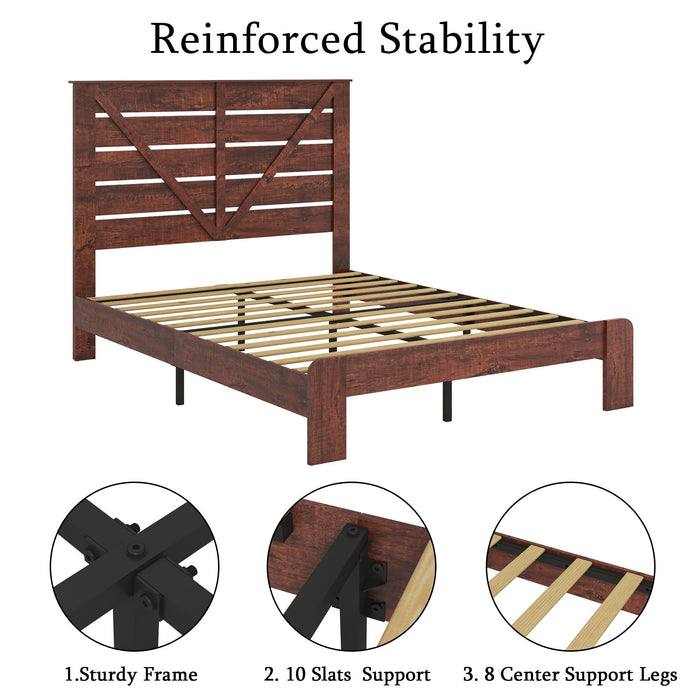 Full Bed Frame Headboard And Charging Station, Wood Platform Bed, Sturdy And No Noise, No Box Spring Needed, Vintage Brown