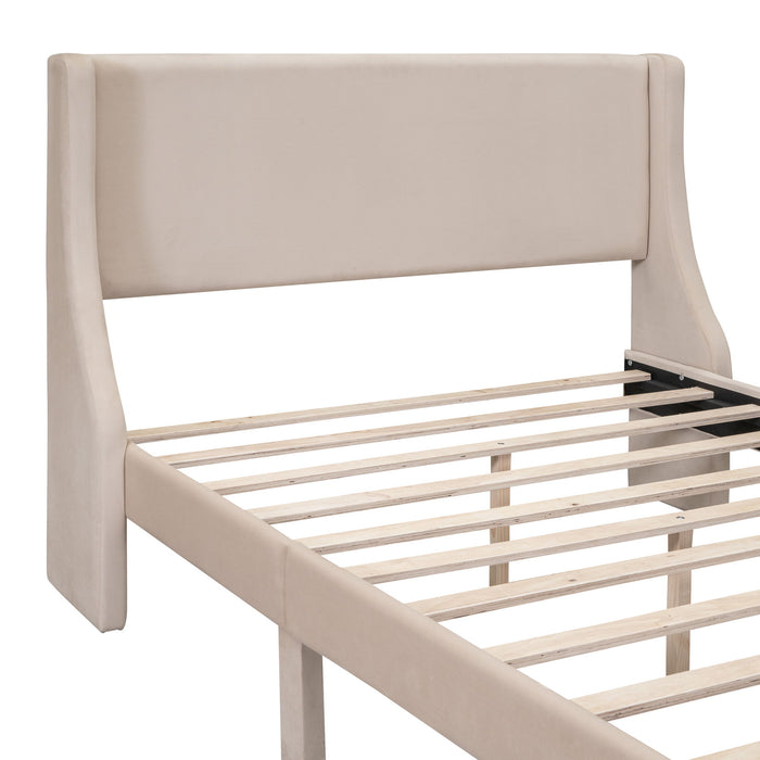 Full Size Storage Bed Velvet Upholstered Platform Bed With A Big Drawer - Beige