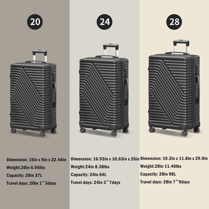 Hardshell Luggage Sets 3 Piece Double Spinner Wheels Suitcase With Tsa Lock 20" 24" 28" - Black