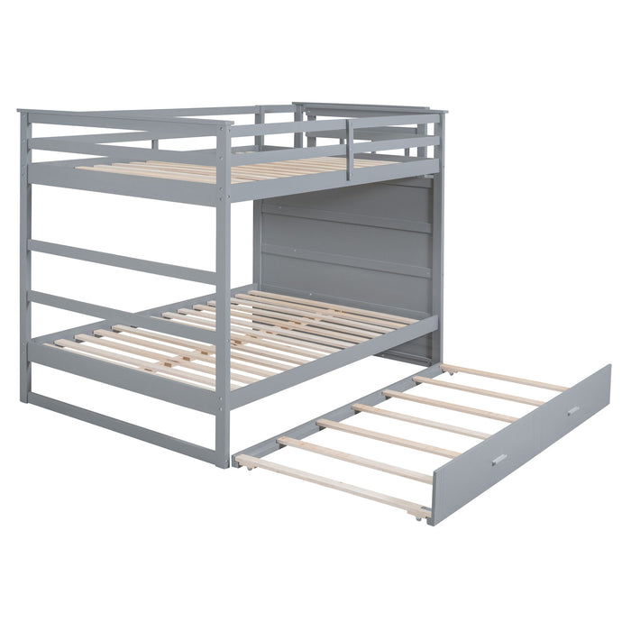 Full Over Full Bunk Bed With Twin Size Trundle And Staircase, Gray