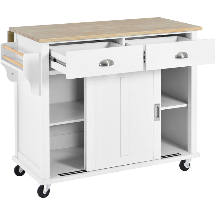 Kitchen Cart With Rubber Wood Drop - Leaf Countertop, Concealed Sliding Barn Door Adjustable Height, Kitchen Island On 4 Wheels With Storage Cabinet And 2 Drawers, L52.2Xw30.5Xh36.6", White