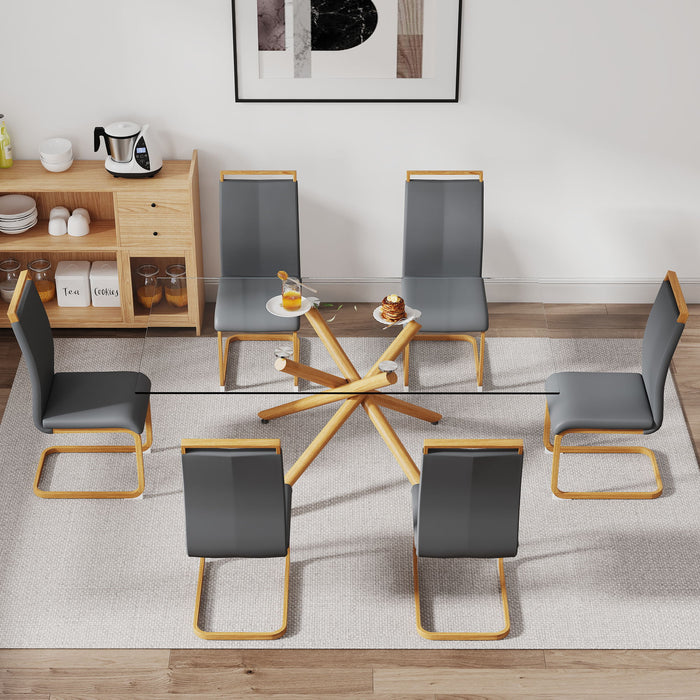 1 Table With 6 Chairs Glass Dining Table, Tempered Glass Tabletop And Wooden Metal Legs PU Leather High Backrest Cushioned Side Chair With C Shaped Chrome Metal Legs