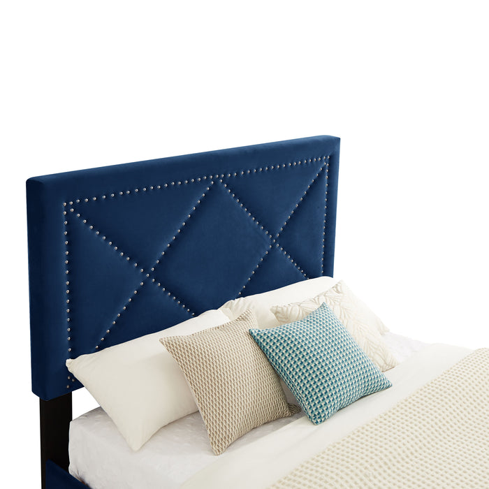B109 Queen Bed .Beautiful Brass Studs Adorn The Headboard, Strong Wooden Slats And Metal Legs With Electroplate - Blue