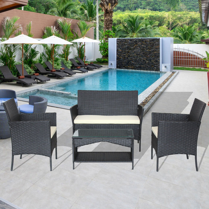 Patio Outdoor Rattan-4 Piece Loveseat And 2 Armchair And Coffie Table For Garden 4 Pc Garden Patio - White Cushion