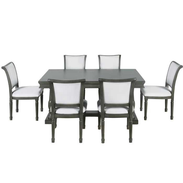 Trexm 7 Piece Dining Table With 4 Trestle Base And 6 Upholstered Chairs With Slightly Curve And Ergonomic Seat Back (Gray)