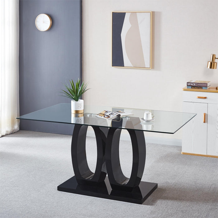 Contemporary Double Pedestal Dining Table, Tempered Glass Top With MDF Base - Black