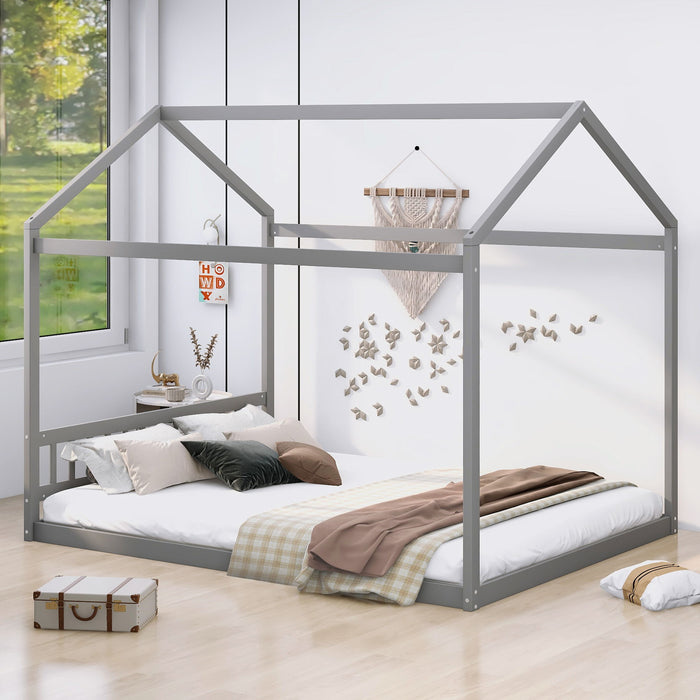 Queen Size Wooden House Bed With Headboard, Gray