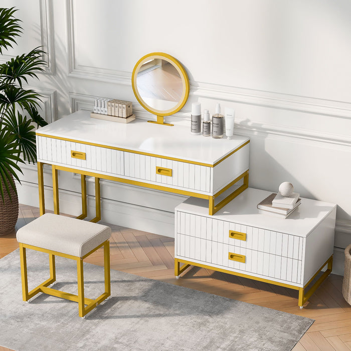 Go Modern Style Vanity Table With Movable Side Cabinet And 4 Drawers, Large Size Dressing Table With Mirror And 3 Colors Led Light, Makeup Table With Stool, White, Golden Legs