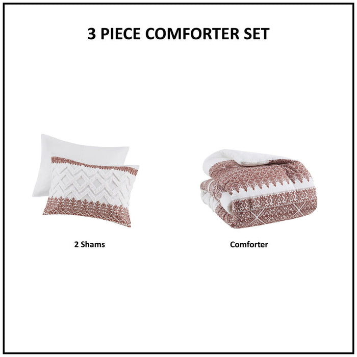 3 Piece Cotton Comforter Set With Chenille Tufting - Auburn
