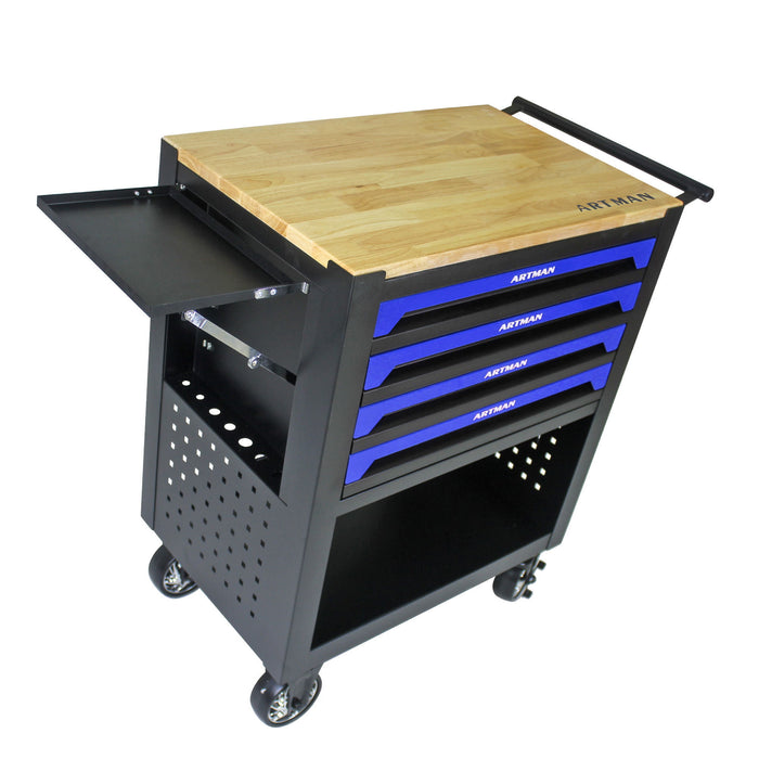 4 Drawers Multifunctional Tool Cart With Wheels And Wooden Top - Blue