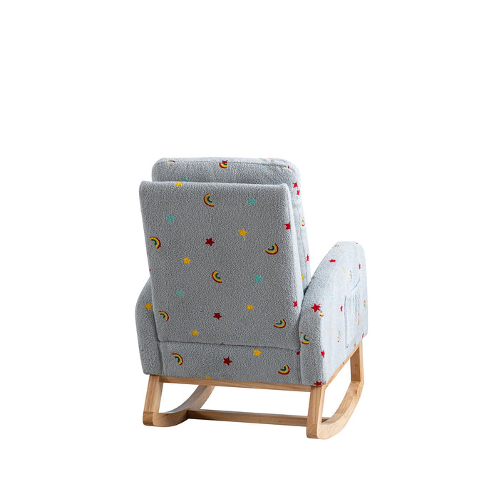 26.8"W Modern Rocking Chair For Nursery, Mid Century Accent Rocker Armchair With Side Pocket, Upholstered High Back Wooden Rocking Chair For Baby Kids Room Bedroom, Blue Boucle