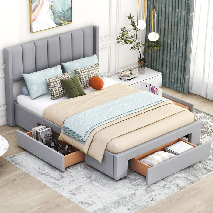 Full Size Upholstered Platform Bed With One Large Drawer In The Footboard And Drawer On Each Side, Gray