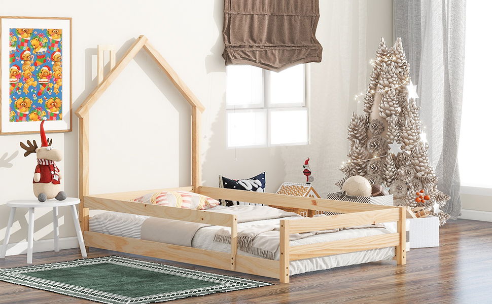 Twin Size Wood Bed With House - Shaped Headboard Floor Bed With Fences, Natural