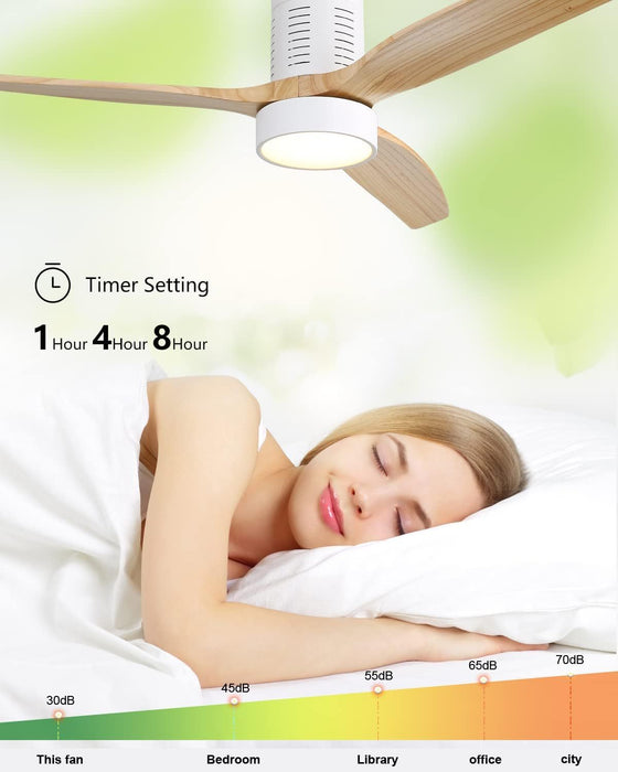Indoor Flush Mount Ceiling Fan With 110V 3 Solid Wood Blades Remote Control Reversible Dc Motor With LED Light - Matte White