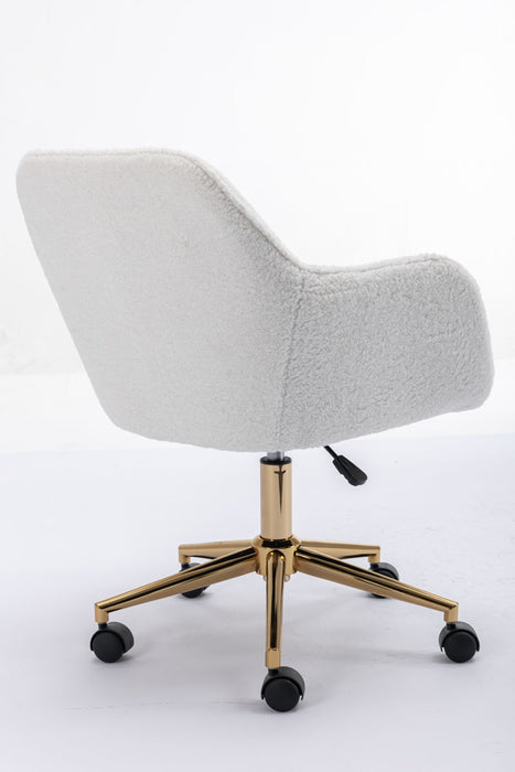 Modern Teddy Fabric Material Adjustable Height 360 Revolving Home Office Chair With Gold Metal Legs And Universal Wheel For Indoor, White