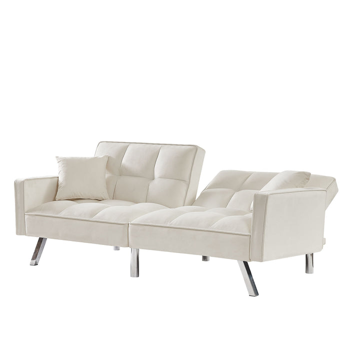 Cream White Velvet Sofa Couch Bed With Armrests And 2 Pillows For Living Room And Bedroom (White)