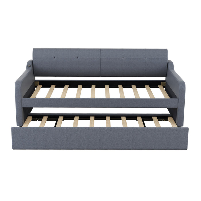 Twin Size Upholstery Daybed With Trundle And USB Charging Design, Trundle Can Be Flat Or Erected, Gray