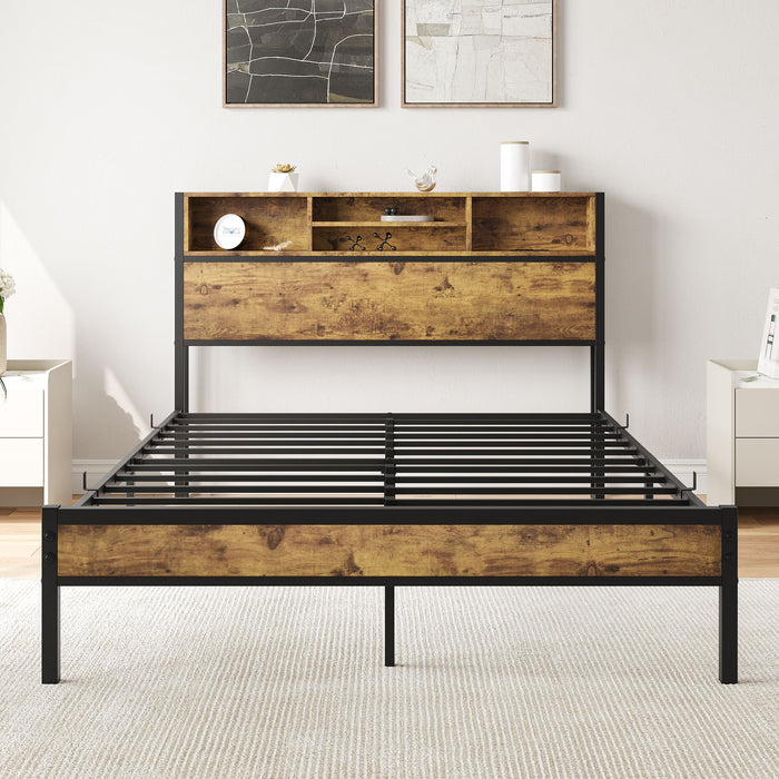 Full Size Bed Frame With Storage Headboard, Metal Platform Bed With Charging Station, Bookcase Storage, No Box Spring Needed, Noise - Free, Black