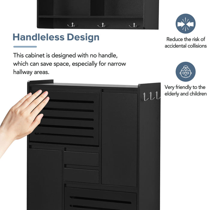 On Trend Multi Functional Shoe Cabinet With Wall Cabinet, Space - Saving Design Foyer Cabinet With 2 Flip Drawers, Versatile Side Cabinet For Hallway, Black