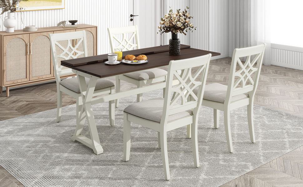 Topmax 5 Piece 62*35.2" Extendable Rubber Wood Dining Table Set With X - Shape Legs, Console Table With Two 8.8" - Wide Flip Lids And Upholstered Dining Chairs, Beige