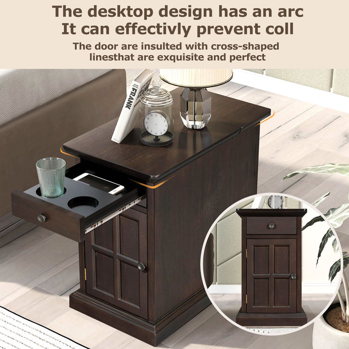 U-Can Classic Vintage Livingroom End Table Side Table With USB Ports And One Multifunctional Drawer With Cup Holders, Antique Espresso