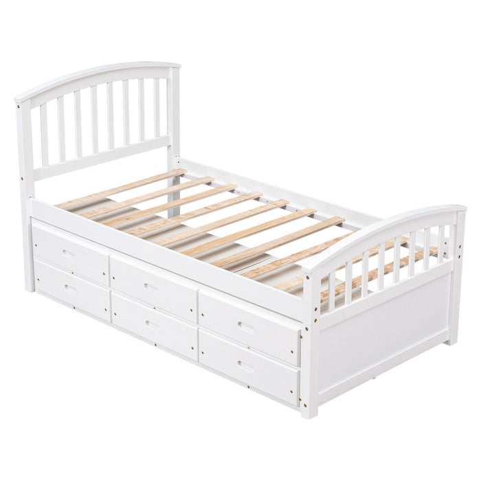Twin Size Platform Storage Bed Solid Wood Bed With 6 Drawers, White