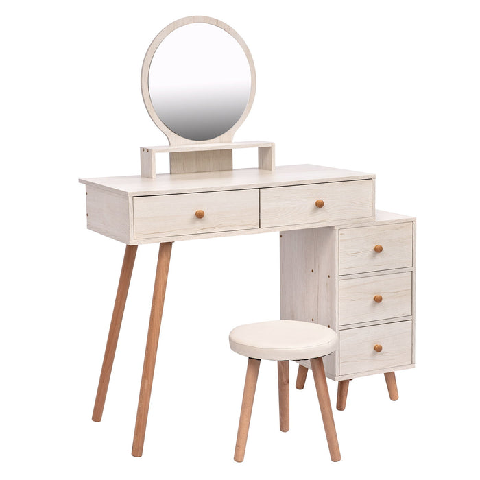 Crazy Elf Makeup Vanity Table With Cushioned Stool, Large Capacity Storage Cabinet, 5 Drawers, Large Round Mirror, Fasionable Makeup Furniture