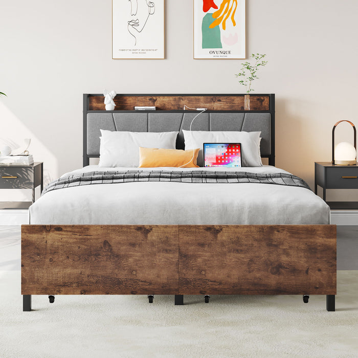 Full Size Bed Frame, Storage Headboard With Charging Station And 2 Storage Drawers, Solid And Stable, Noise Free, No Box Spring Needed, Easy Assembly, Vintage Brown And Gray