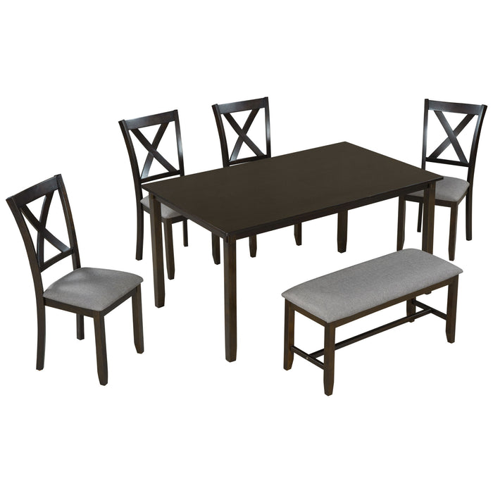 Trexm 6 Piece Kitchen Dining Table Set Wooden Rectangular Dining Table, 4 Fabric Chairs And Bench Family Furniture (Espresso)