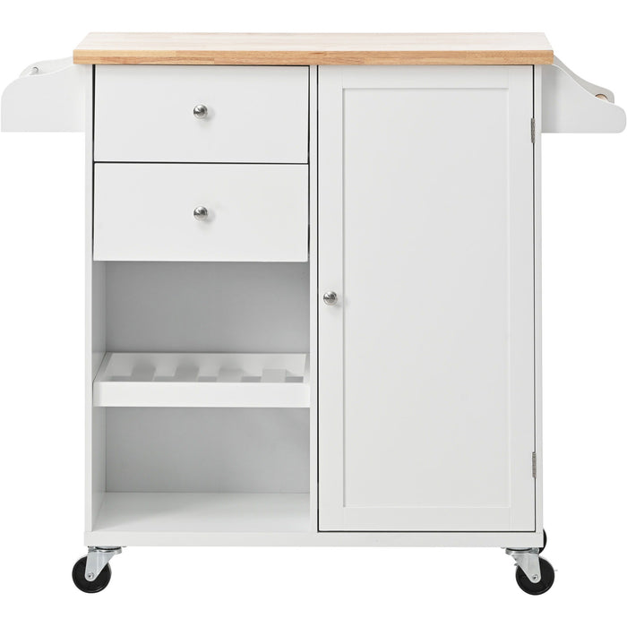 K & K Store Kitchen Cart With Spice Rack, Towel Rack & Two Drawers, Rubber Wood Top , Kitchen Island With 4 Wheels For Dining Rooms Kitchens Living Rooms, White