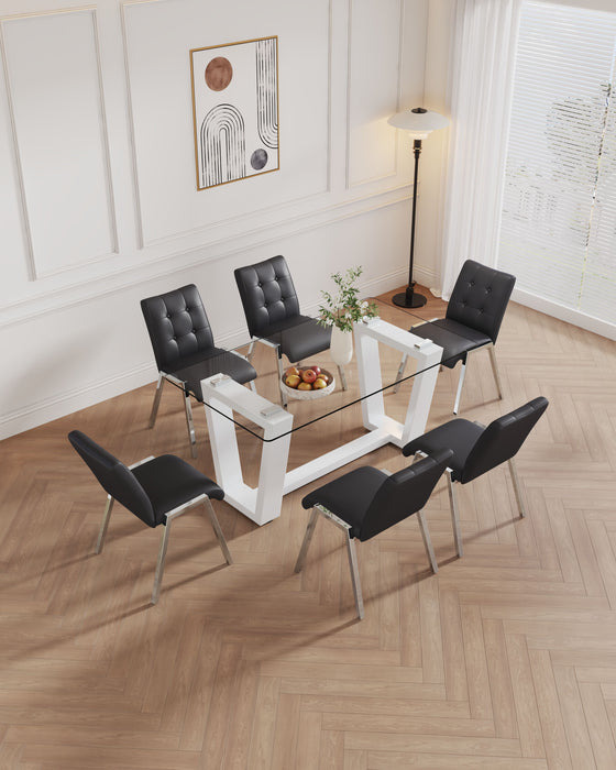 Table And Chair Set, Rectangular Dining Table, Equipped With Tempered Glass Tabletop And White Trapezoidal Support, Paired With Lattice Armless High Back Dining Chairs (1 Table And 4 Chairs) - White