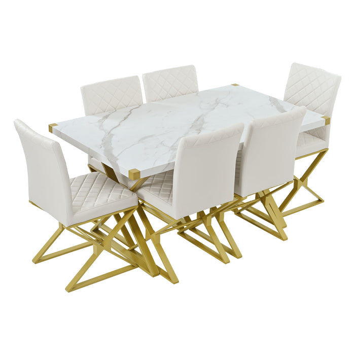 Trexm 7 Piece Modern Dining Table Set, Rectangular Marble Texture Kitchen Table And 6 PU Leather Chairs With X-Shaped Gold Steel Pipe Legs For Dining Room (White)