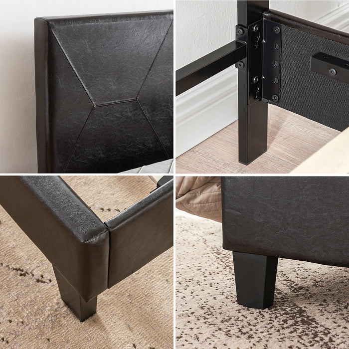 Queen Size Upholstered Platform Bed Frame, Wood Slat Support - Black PU