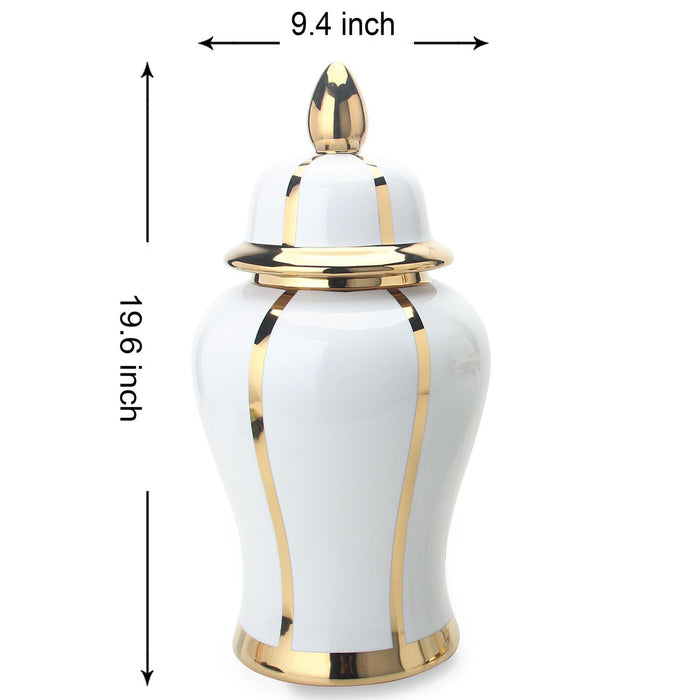 White Linear Gilded Ginger Jar With Removable Lid