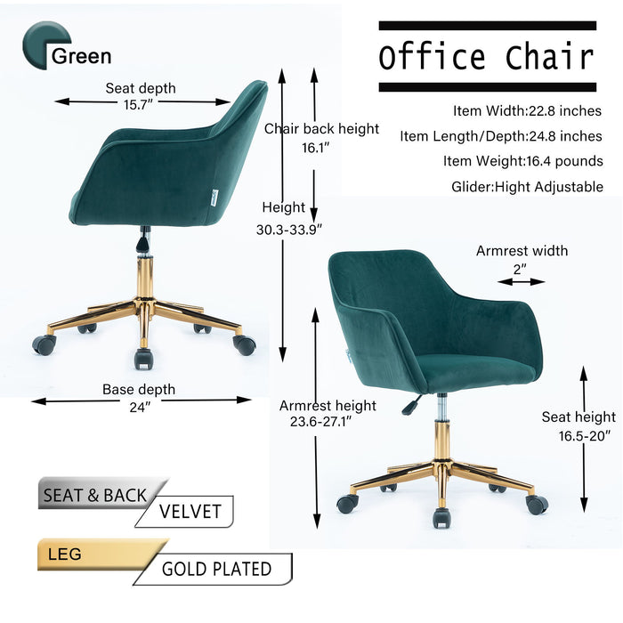 Modern Velvet Fabric Material Adjustable Height 360 Revolving Home Office Chair With Gold Metal Legs And Universal Wheels For Indoor, Dark Green
